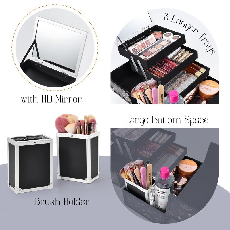 Joligrace 11.8 inch Makeup Train Case Cosmetic Organizer Box Lockable with 3 Trays and a Brush Holder Pattern Collection - Star Chart - Image 5